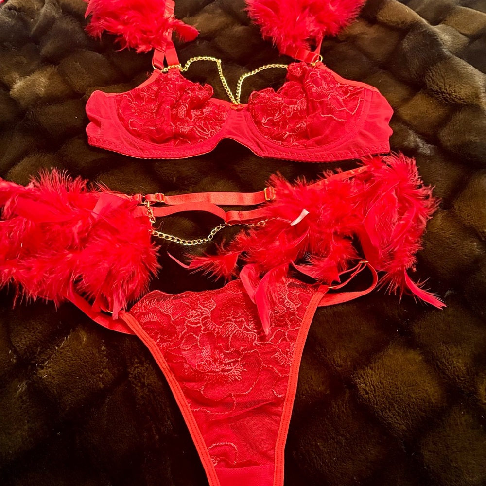 SHEIN Red Lace Bra with Feather Trim